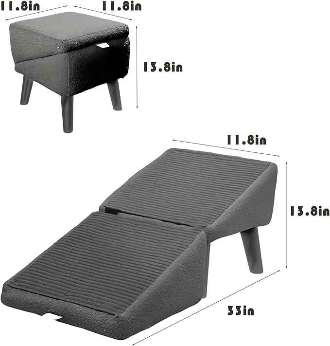 Split Ottoman Dog Ramp, Suitable for Porch Steps, Outdoor, Multifunctional Folding Ramp Stairs, Bed and Sofa Integrated, Large and Small Dog Pet Sofa Steps, 13.8 Inches (Grey)