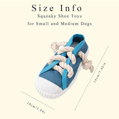 Interactive Squeaky Dog Toy with Jingle Bell - Shoe-Shaped Chew Toy for Puppy Teething, Thickened Laces for Small and Medium Breeds Tug-of-War, Not for Aggressive Chewers (Blue)