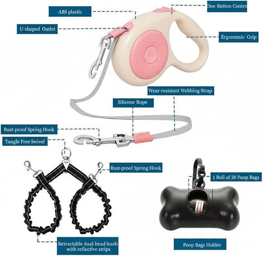 Dual Retractable Dog Leash for 2 Large Dogs (Up to 110 Lbs Each), One-button Break and Lock, Non-slip Grip, Double-headed, 16 FT Extendable Pet Leash with Poop Bags, and 360° Tangle-free (Pink, Large)