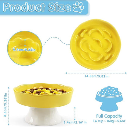 Raised Slow Feeder Cat Bowl, Ceramic Elevated Cats Food Bowl Small Cats Slow Feeder, Cute Cat Dish for Anti Vomiting for Dry and Wet Food (Yellow, 6 Inch)