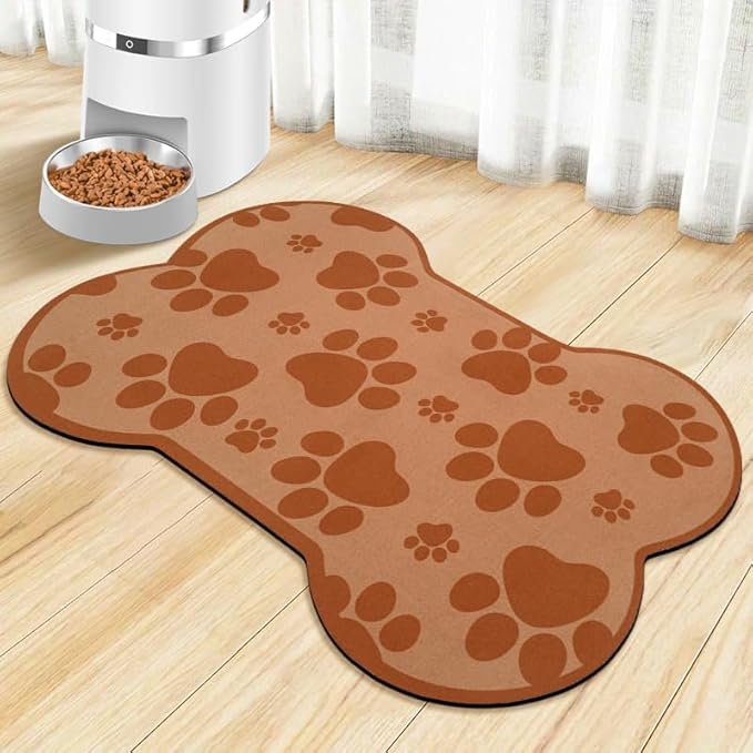 Dog Food Mats for Floors Waterproof, Pet Feeding Absorbent Water Bowl Mat Cat Placemats Brown Bone Shape 25.5 * 17 inch