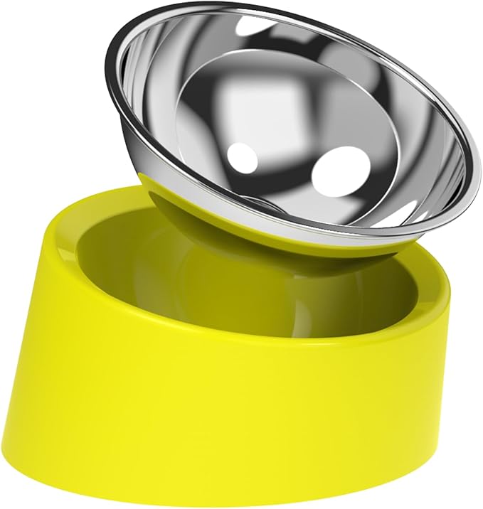 Slanted Dog Bowl Slow Feeder, 15° Tilted Elevated Raised Food Water Dish, Anti-Choke Anti-Gulping for Cats Dogs, Non-Spill Weighted Base, for Medium Dogs Standard Pets, Yellow