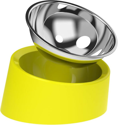 Slanted Dog Bowl Slow Feeder, 15° Tilted Elevated Raised Food Water Dish, Anti-Choke Anti-Gulping for Cats Dogs, Non-Spill Weighted Base, for Medium Dogs Standard Pets, Yellow