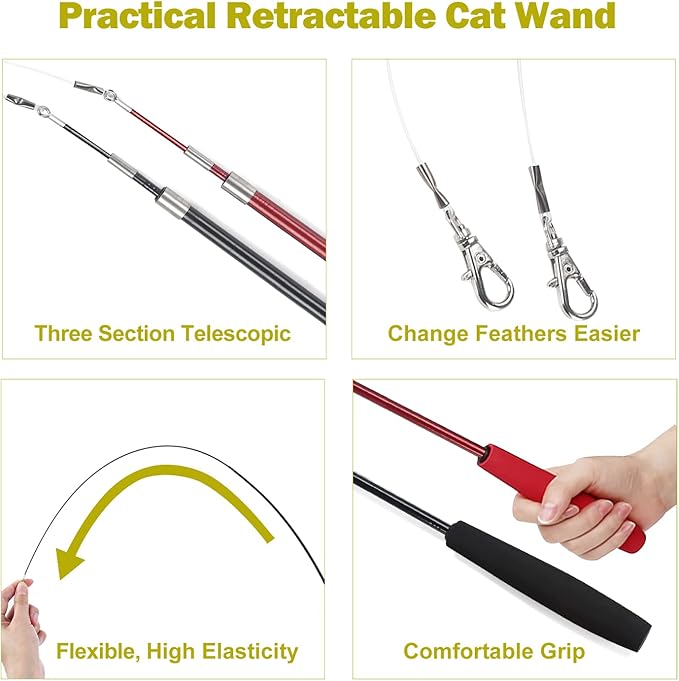 Cat Toys for Indoor Cats, Interactive Cat Toy 2PCS Retractable Wand Toy and 9PCS Cat Feather Toys Refills, Funny Kitten Toys Cat Fishing Pole Toy for Bored Indoor Cats Chase and Exercise