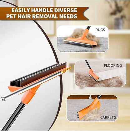 Carpet Rake for Pet Hair Removal - Reusable Dog & Cat Hair Remover with 58" Reinforced Steel Handle, 3-in-1 Professional Modular Rug Rake & Scraper Tool for Shag Rugs, Couch, Stairs (Orange)