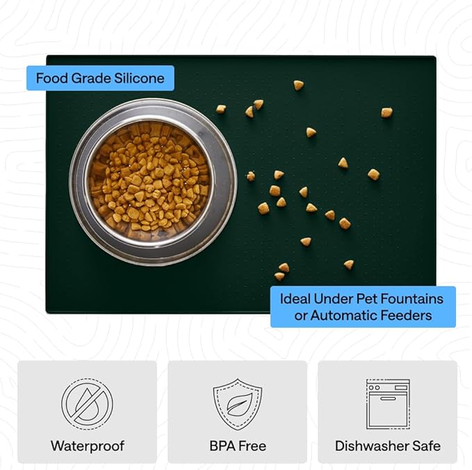 GORILLA GRIP 100% Waterproof Raised Edge BPA Free Silicone Pet Feeding Mat, Dog Cat Food Mats Contain Spills Protects Floors, Placemats for Cats and Dogs Water Bowl, Pets Accessories 28x18 Green