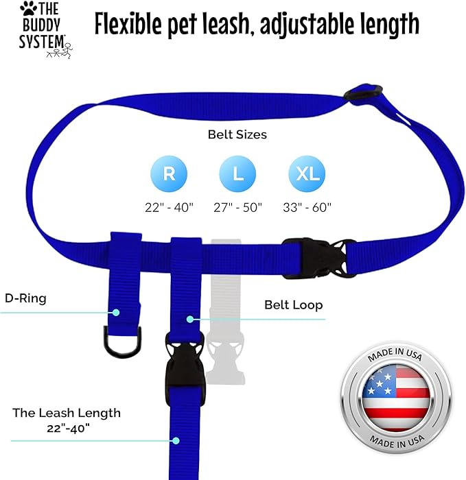 The Buddy System Hands Free Dog Leash, Adjustable Leash for Running, Jogging, Training and Service Dogs, Great for Small, Medium and Large Dogs, Made in USA (Royal Blue, X-Large Belt (33"- 60" Waist))