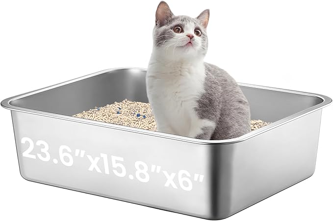 Extra Large Stainless Steel Cat Litter Box, 23.6”x15.8”x6” Metal Litter Box with High Sided for Small Big Cats, Odor Free Kitty Litter Tray, Non Sticky Indoor Litter Pan, XL