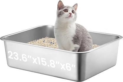 Extra Large Stainless Steel Cat Litter Box, 23.6”x15.8”x6” Metal Litter Box with High Sided for Small Big Cats, Odor Free Kitty Litter Tray, Non Sticky Indoor Litter Pan, XL
