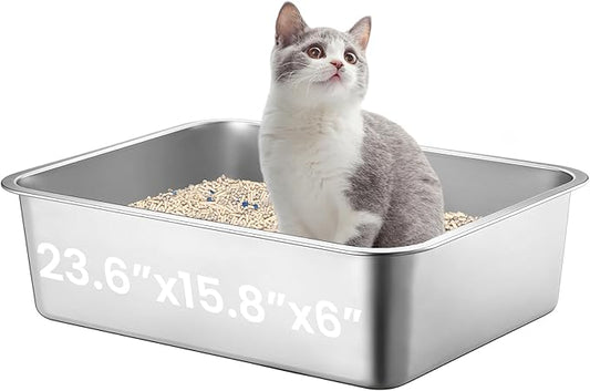 Extra Large Stainless Steel Cat Litter Box, 23.6”x15.8”x6” Metal Litter Box with High Sided for Small Big Cats, Odor Free Kitty Litter Tray, Non Sticky Indoor Litter Pan, XL