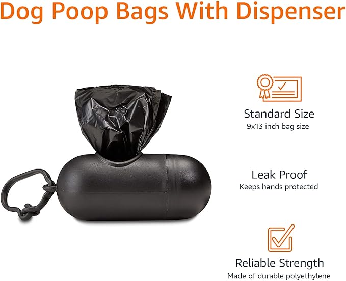 Amazon Basics Dog Poop Leak Proof Bags with Dispenser and Leash Clip, Unscented, 13" x 9", 600 Count