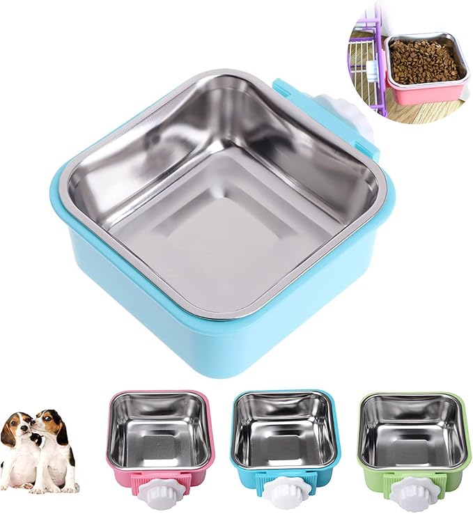 Love Dream Crate Dog Cat Bowls, Hanging Pet Cage Food Water Feeder with Removable Stainless Steel Bowls and Bolt Holder for Puppy Cat Rabbit Birds (Large, Blue)