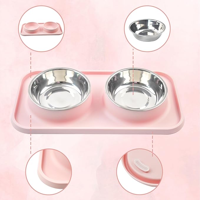 Double Dog Food Bowls with Mat,Stainless Steel Dog Bowls with No Spill Non Skid Silicone Mat Removable Cats Water and Food Bowl Set for Puppy Cats Kitten Small Medium Dogs(Pink)
