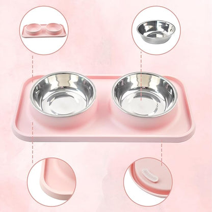 Double Dog Food Bowls with Mat,Stainless Steel Dog Bowls with No Spill Non Skid Silicone Mat Removable Cats Water and Food Bowl Set for Puppy Cats Kitten Small Medium Dogs(Pink)