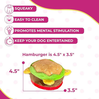 Glow Pups Hamburger Dog Toy with Squeaker, Fun Food Parody Plush Toy, Easy to Clean, Promotes Mental Stimulation, 4.5 x 3.5 inches, Peach