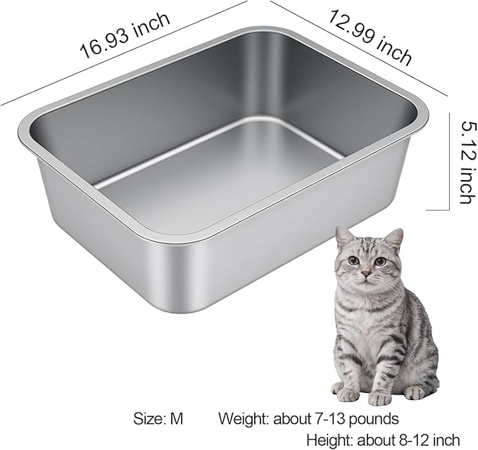 Stainless Steel Litter Box with High Sided, Metal Cat Litter Box, Odor-Free, Non-Stick Litterbox Pan, Easy to Clean Pet Supplies Toilet Tray for Indoor Cats, Kittens or Multicat Homes