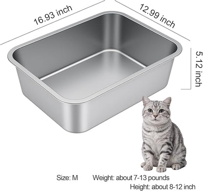 Stainless Steel Litter Box with High Sided, Metal Cat Litter Box, Odor-Free, Non-Stick Litterbox Pan, Easy to Clean Pet Supplies Toilet Tray for Indoor Cats, Kittens or Multicat Homes