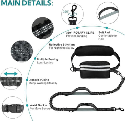 Hands Free Dog Leash with Pouch, Retractable Bungee with Double Padded Handles, Dog Leashes with Bungee for Medium & Large Puppy