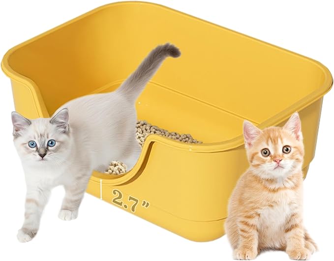 Low Entry Small Litter Box for Kittens, Kitty Plastic Litter Boxes, Open Top, Anti-Splash High Sided Litter Tray Pan for Medium Pets, Puppy, Easy to Clean, 15.7" L*11.8" W*6.7" H (Yellow)