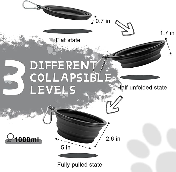 Collapsible Dog Bowls for Travel, 2-Pack Dog Portable Water Bowl for Dogs Cats Pet Foldable Feeding Watering Dish for Traveling Camping with Carabiners, BPA Free (Grey&Black, Medium (Pack of 2))