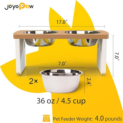 Elevated Dog Bowls, Waterproof Raised Dog Bowl for Medium Dogs, HIPS Poly Lumber Stand with 2 Stainless Steel Bowls, Indoor & Outdoor Use (7'' Tall-40 oz Bowl, Teak-White)