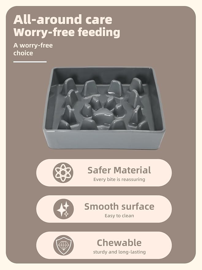 GDCZ Dog Slow Feeder Bowls, Square Ceramic Pet Food Bowl for Medium Breed, Fun Dog Bowls to Slow Down Eating (Grey, M-1.8 Cups)