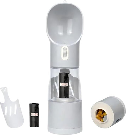 All-in-One Portable Dog Water Bottle, Food Dispenser, Poop Bag Dispenser, Dry/Wet Food Container 7 oz., Travel Water Bottle 9oz., 2 Poop Bags Included, Food Grade Plastic, Leak Proof-Grey Color