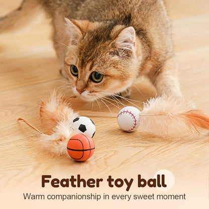 Interactive Feather Ball Toy Set for Cats, 2025 New Rolling Cat Toy with Elastic Spring Base & Soft Silicone Feathers for Indoor Cats/Kittens, Exercise & Training Stimulating Toys (Baseball)