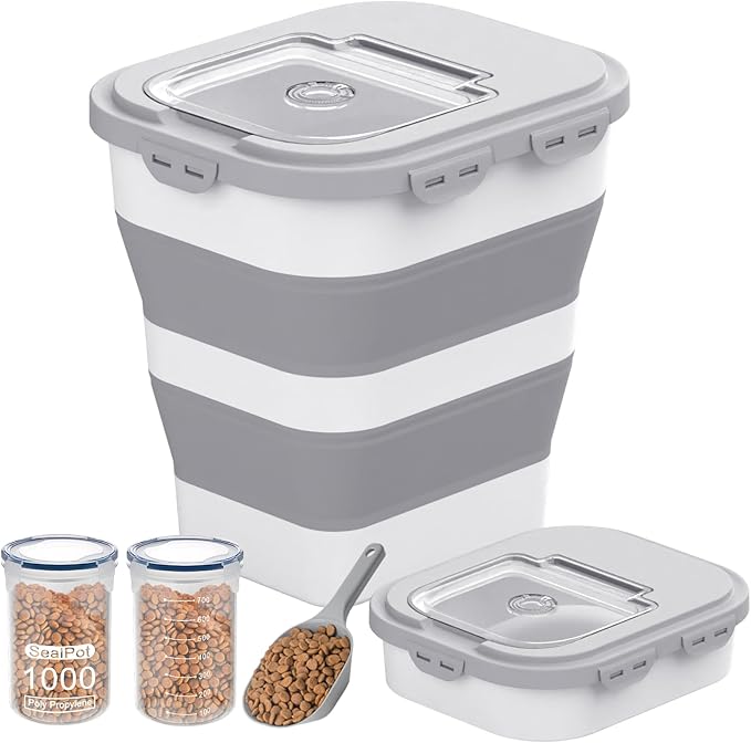 35-40 Lbs Airtight Dog Food Storage Container, Collapsible Dog Food Container with Lid, Wheels, Date Track, Large Pet food storage Container for Rice,Flour,Sugar,Dog Food Scoop,2PCS Containers