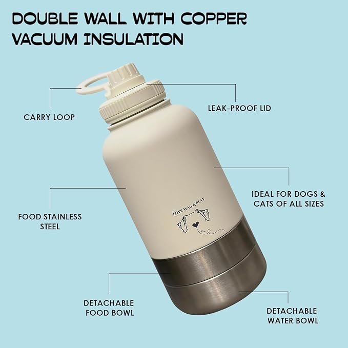 Love Wag & Play Dog Water Bottle with Food Bowls, Portable Stainless Steel Bottle for Dogs, Leakproof Travel Design with Detachable Bowls for Walks, Hikes and Outdoor Adventures (32 oz)
