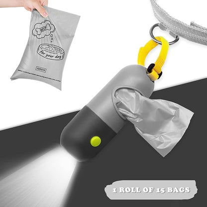 Dog Poop Bags Holder with LED Flashlight|Pet Waste Bags Dispenser for Leash|Doggie Potty Bags Container with Leak-proof Pet Trash Bags and Accessories (1 Holder 15 Bags, Grey and Black)
