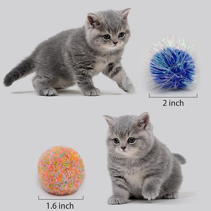 14-Pack Cat Toys Balls - No Bells Quiet Interactive Toys, Soft Pom Poms & Sparkle Balls for Kittens & Adult Cats, Safe for Batting Chasing (7 Sparkle Fuzzy Balls+ 7 Yarn Balls)