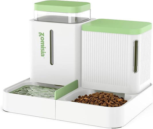 ZOMISIA Gravity Cat Feeder and Water Dispenser, 2 in 1 Cat Self Feeder with 180 Degree Rotatable, Automatic Feeding Large Capacity for Small Medium Dog Puppy Kitten, White & Green, 0.8 Gallon x 2