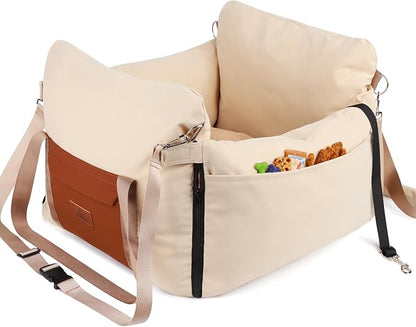 Dog Car Seats for Small Dogs, Waterproof Puppy Car Seat with Side Handles and Large Pockets, Clip-On Safety Leash and PP Cotton Filling, Pet Booster Seat for Small Dog up to 25lbs (Apricot)