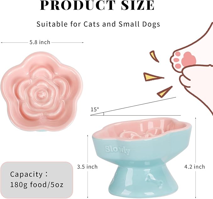 S&Q's CERAMICS Raised Slow Feeder Cat Bowl, Ceramic Elevated and Titled Glass Food Bowl Small Dogs Slow Feeder, Flower Shaped Cute Cat Dish for Dry and Wet Food (Pink, 5.8")