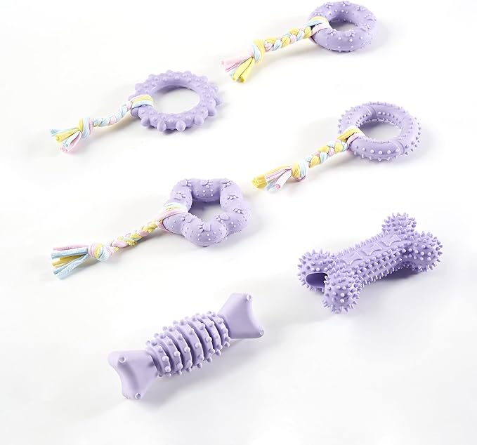 Chew Toys, 6 Pcs Soft Rubber Teething Toys for Small Dogs, Eco-Friendly Interactive Dog Toys, Teeth Cleaning, Cute Purple Design