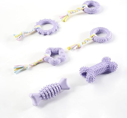 Chew Toys, 6 Pcs Soft Rubber Teething Toys for Small Dogs, Eco-Friendly Interactive Dog Toys, Teeth Cleaning, Cute Purple Design