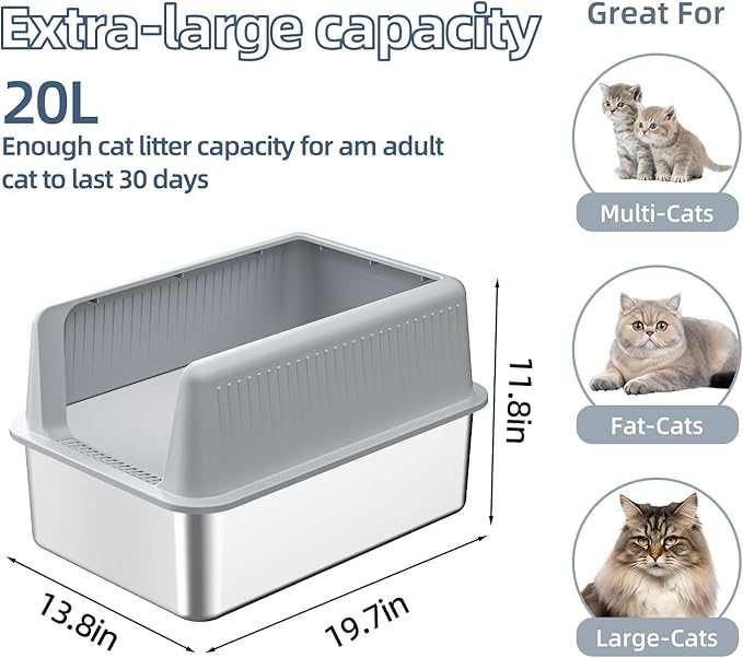 Stainless Steel Cat Litter Box with Lid,XL,19.7”L x 13.8”W x 11.8”H Deep,Metal Litter Box with High Side,for Small and Large Cats,with a Scoop and Scoop Storage Box Litter Mat Double,Easy Cleaning