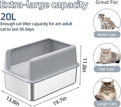 Stainless Steel Cat Litter Box with Lid,XL,19.7”L x 13.8”W x 11.8”H Deep,Metal Litter Box with High Side,for Small and Large Cats,with a Scoop and Scoop Storage Box Litter Mat Double,Easy Cleaning