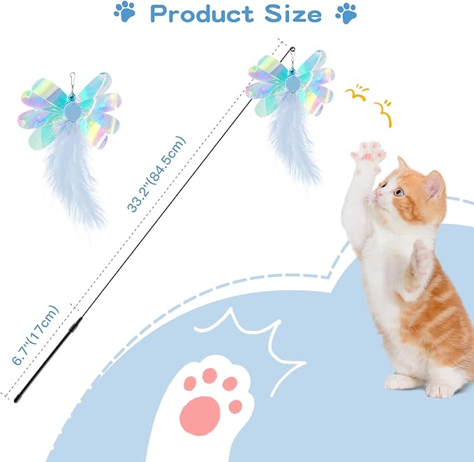 Pawaboo Feather Teaser Cat Toy, Interactive Feather Wand Cats Toy Flying Feathers Cat Catcher with Extra Long 34.5" Wand and Small Bell, Exerciser Playing Toys for Kitten or Cats, Blue Butterfly