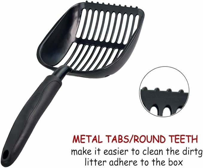 Cat Litter Scoops Latest Update Polishing Metal Cat Litter Scoop with Black, Solid Giant Aluminum Alloy Sifter Deep Shovel with TABS/Round Teeth Pet Kitty Litter Scooper