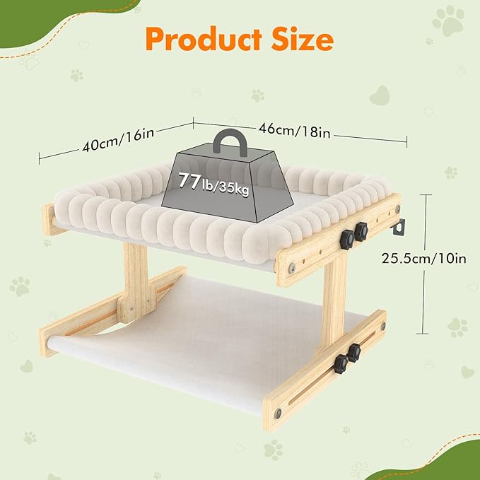Cat Perch for Window XiaZ Cats Hammock Indoor Cat Bed for Window Adjustable Wooden Frame W/Soft Warm Plush-Lined Cushion Perfect for Bird Watching Sunbathing Space-Saving Easy Install Double Layer