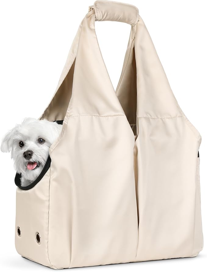 Dog Purse Carrier for Small Dogs and Cats up to 15 lbs, Portable Soft Sided Travel Pet Tote Bag with 4 Large Pockets,Foldable Puppy Bag Carrier for Outings and Travel (Beige)