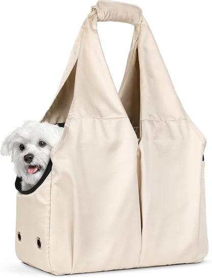 Dog Purse Carrier for Small Dogs and Cats up to 15 lbs, Portable Soft Sided Travel Pet Tote Bag with 4 Large Pockets,Foldable Puppy Bag Carrier for Outings and Travel (Beige)