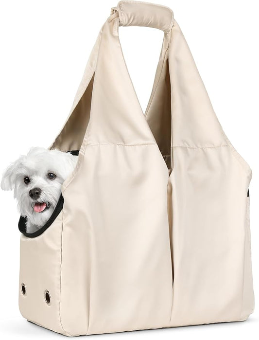 Dog Purse Carrier for Small Dogs and Cats up to 15 lbs, Portable Soft Sided Travel Pet Tote Bag with 4 Large Pockets,Foldable Puppy Bag Carrier for Outings and Travel (Beige)