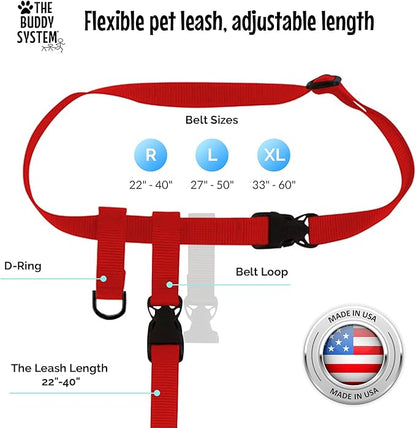 The Buddy System Hands Free Dog Leash, Adjustable Leash for Running, Jogging, Training and Service Dogs, Great for Small, Medium and Large Dogs, Made in USA (Red, X-Large Belt (33"- 60" Waist))