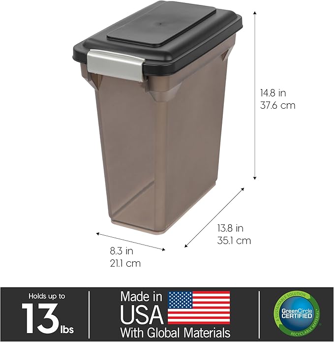 IRIS USA Dog Food Storage Container, Airtight Lid, Up to 13 Pounds Pet Food Storage, Versatile Pet Food Bin, Treats, BPA Free, Smoke
