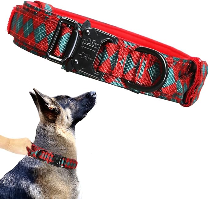 Christmas Tactical Dog Collar Adjustable Nylon Dog Collar Metal Buckle with Handle for Dog Training (Christmas Green,S)