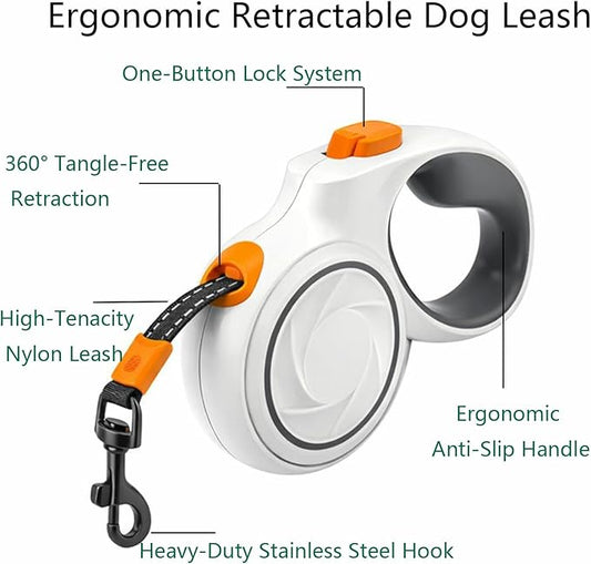 16ft Retractable Dog Leash for Large Dogs up to 110 lbs 16ft,Ideal for City Walks & Multi-Pet Homes, Suitable for Cats,Heavy-Duty Nylon Tape, 360° Tangle-Free, One-Hand Brake & Lock, White