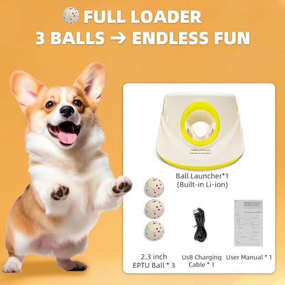 Automatic Dog Ball Launcher-Small Silent Dog Ball Thrower, 3 Adjustable Distances (20ft/33ft/46ft), Rechargable,Includes 3 Durable 2.3" Balls for Small/Medium Dogs (Yellow, Medium)